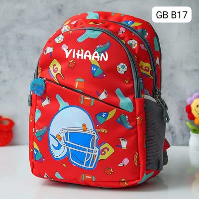 Personalized Kids Sports Themed Red School Bag (14 inches)