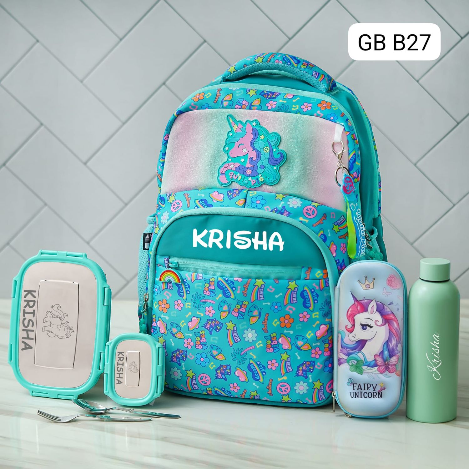 Customized Green Unicorn Holographic School Bag (18 inches)