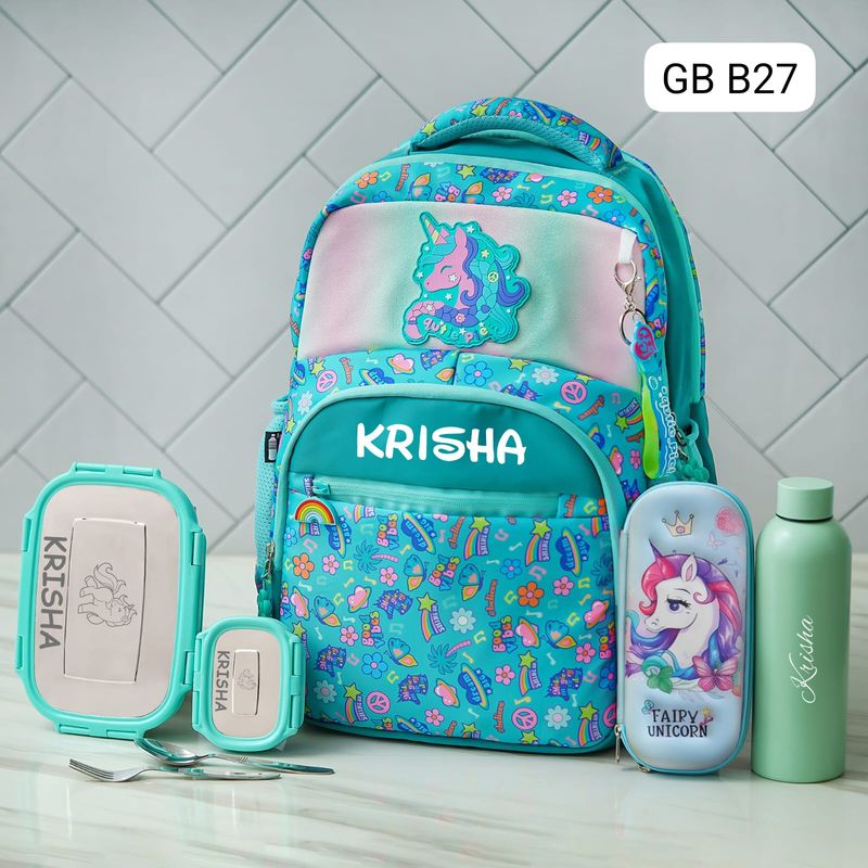 Customized Green Unicorn Holographic School Bag (18 inches)