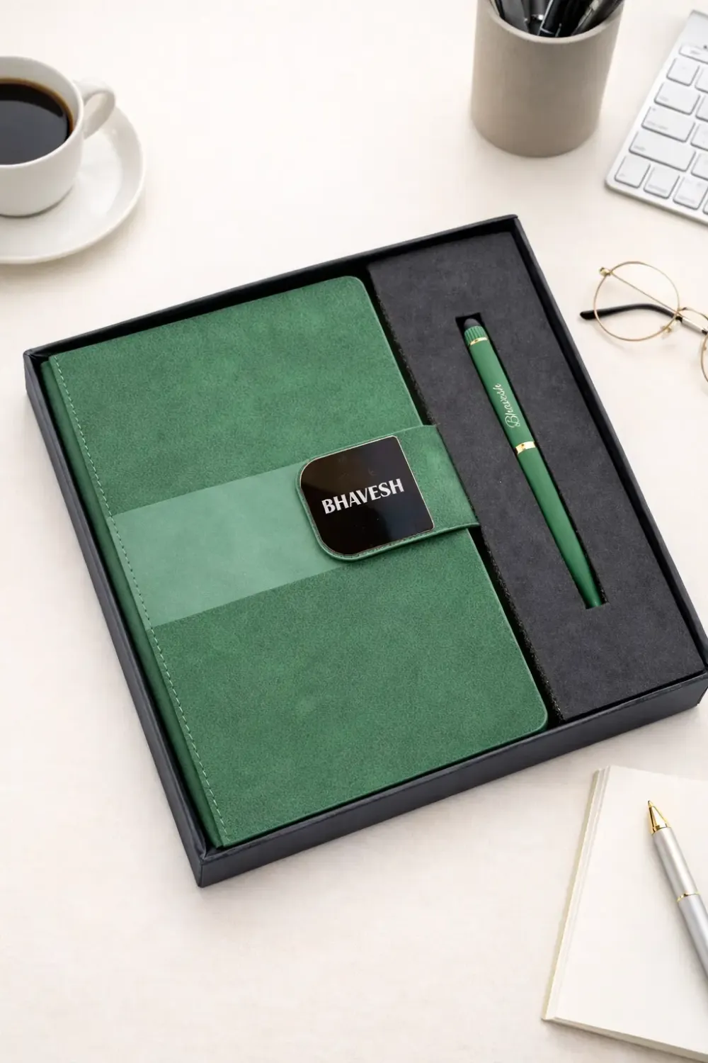 Velmont Personalized Diary and Pen Combo Set - Emerald Forest- Olive Green Colour