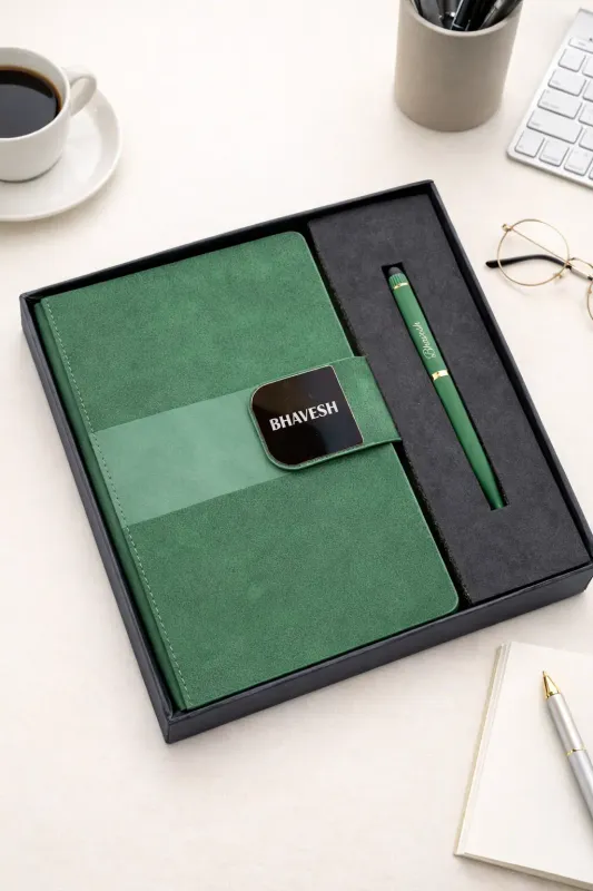 Velmont Personalized Diary and Pen Combo Set - Emerald Forest- Olive Green Colour