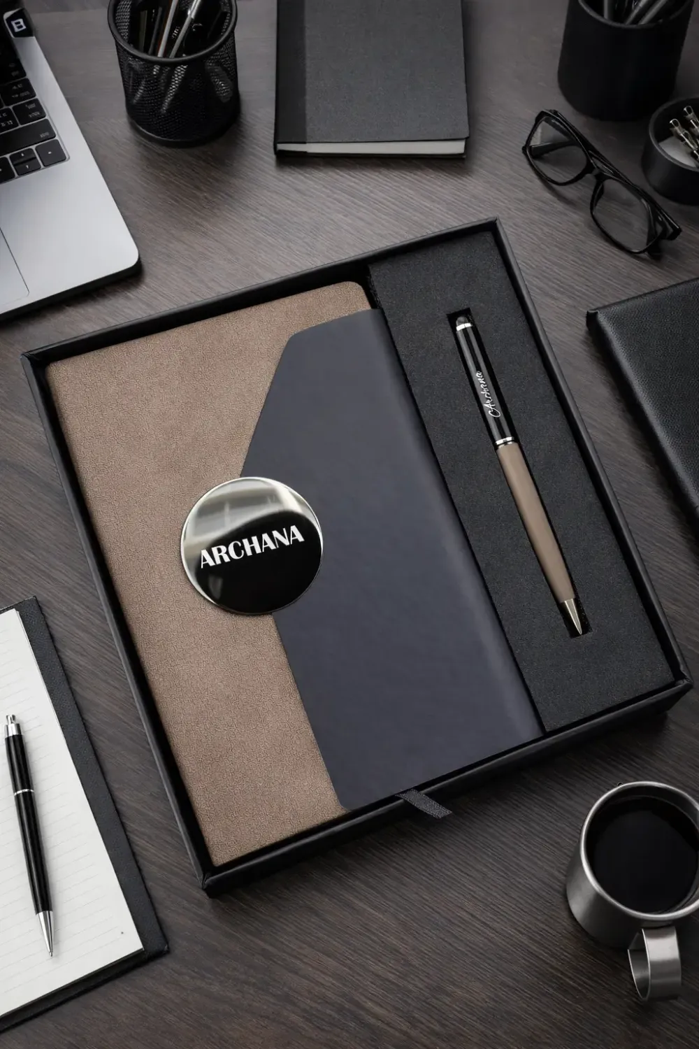 Personalized Director's Diary and Pen Combo Set - Expresso Noir - Apricot Color