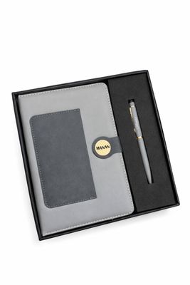 Personalized Dual Shade Diary and Pen Combo Set - Grey Black Colour