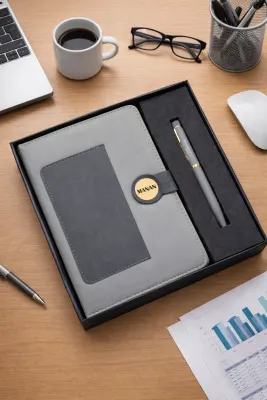 Personalized Dual Shade Diary and Pen Combo Set - Grey Black Colour