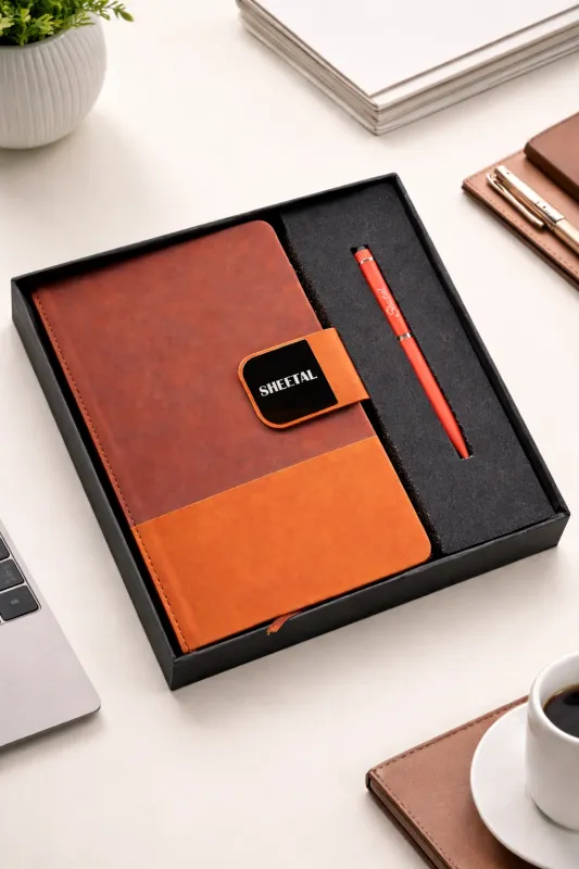 Personalized DuoTone Pro Diary and Pen Combo Set - Saddle Tan Colour