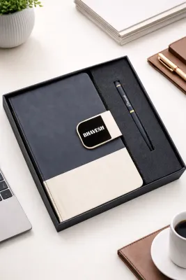 Personalized DuoTone Pro Diary and Pen Combo Set - Charcoal Ivory Colour