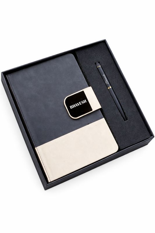 Personalized DuoTone Pro Diary and Pen Combo Set - Charcoal Ivory Colour