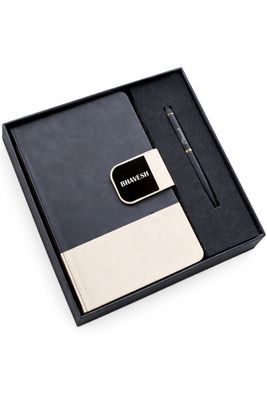 Personalized DuoTone Pro Diary and Pen Combo Set - Charcoal Ivory Colour