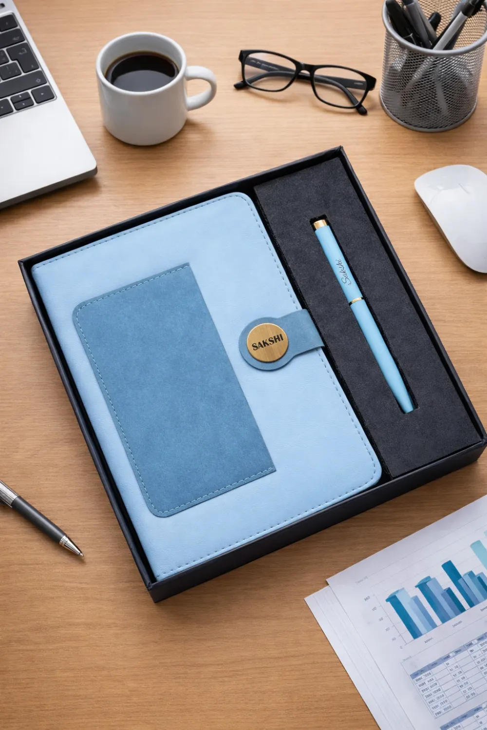 Personalized Dual Shade Diary and Pen Combo Set -Sky Blue Colour