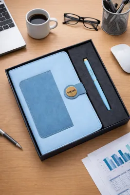 Personalized Dual Shade Diary and Pen Combo Set -Sky Blue Colour