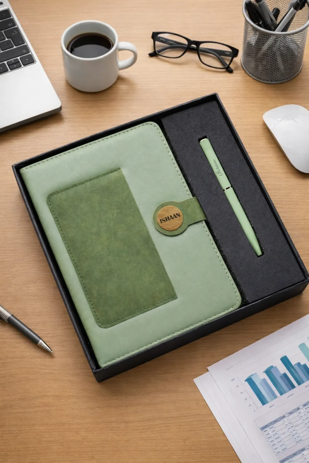 Personalized Dual Shade Diary and Pen Combo Set - Green Colour