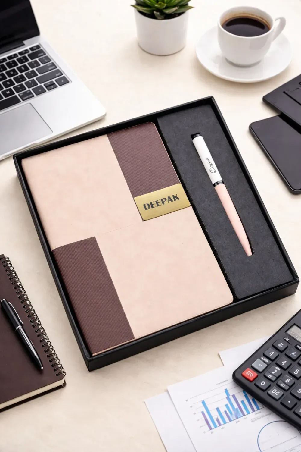 Personalized Vertex Pro Diary and Pen Combo Set - Royal Mocha Gold Colour