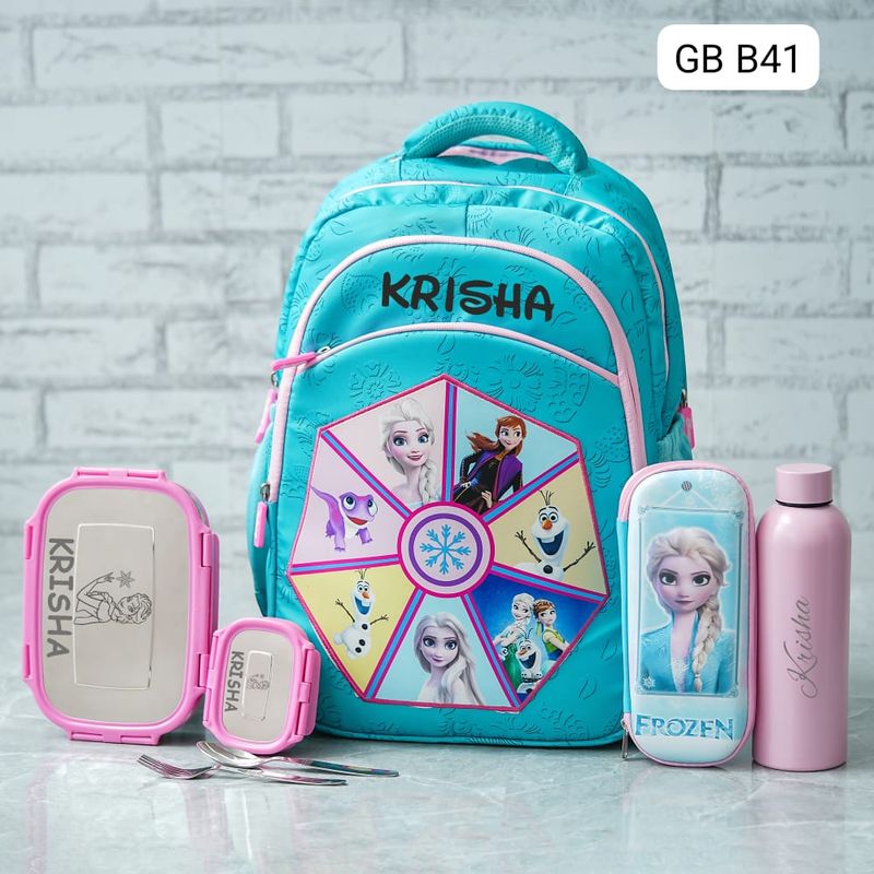 Customized Sea Green Frozen Themed School Bag (18 inches)