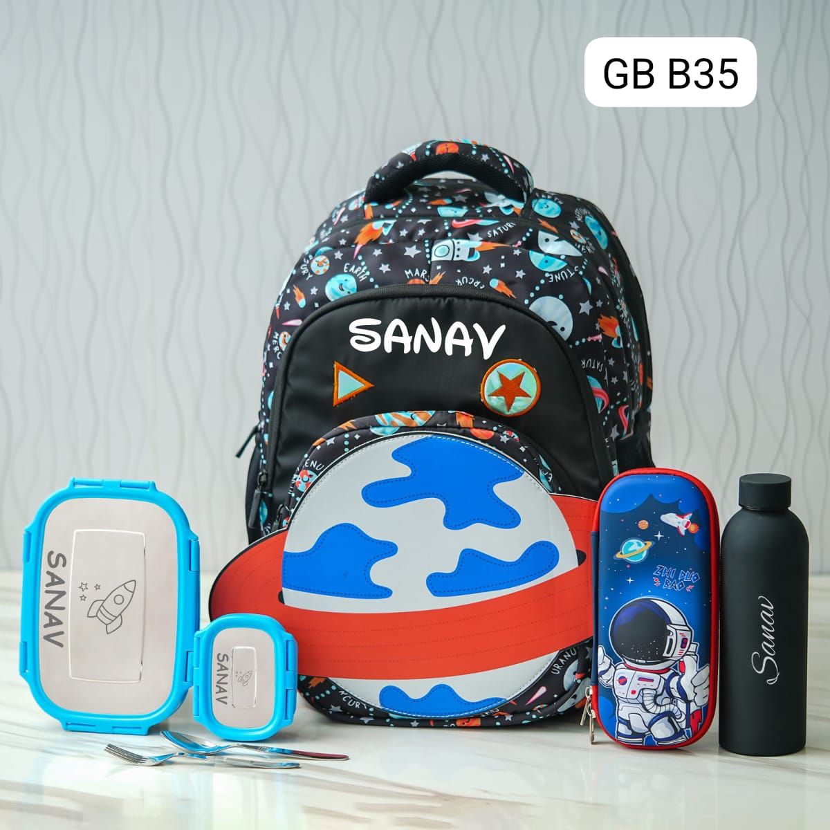 Customized Space Themed Patch School Bag - Black Colour (18 inches)