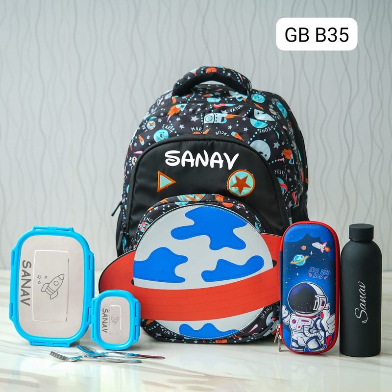 Customized Space Themed Patch School Bag - Black Colour (18 inches)