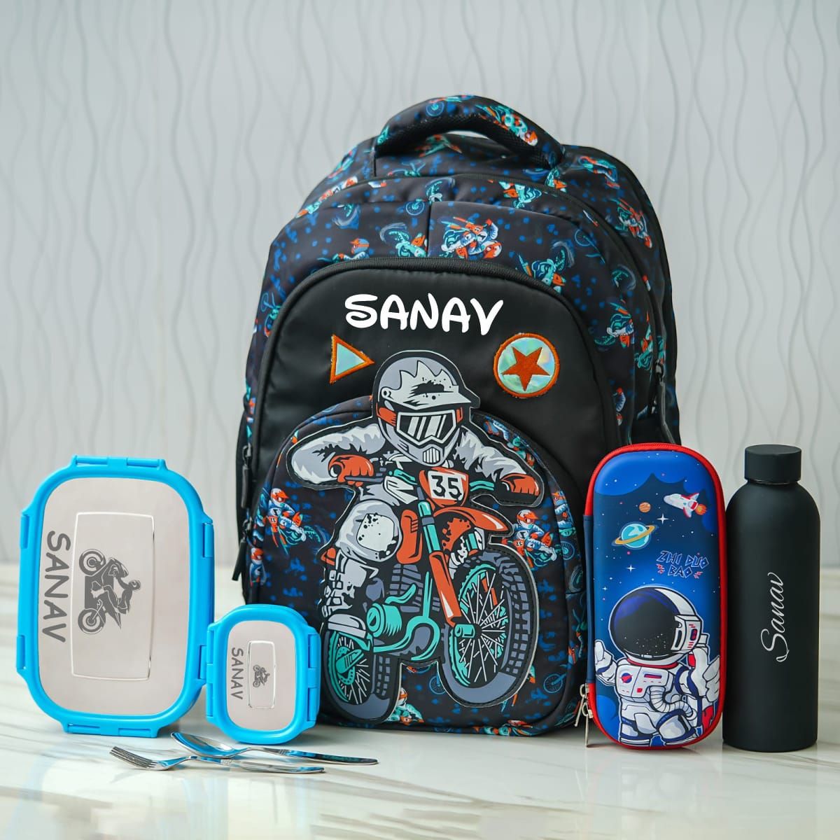 Customized Biker Patch Themed Adventure School Bag - (18 inches)