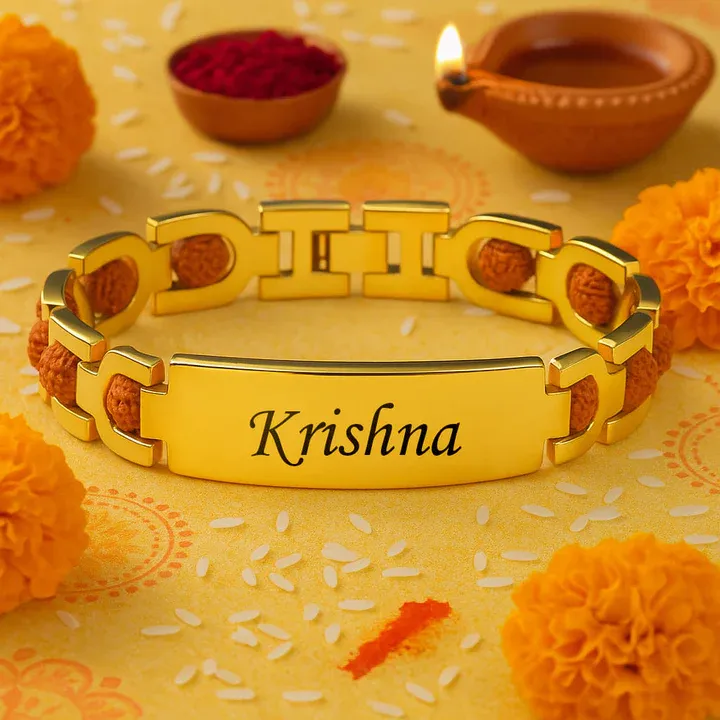 Personalized Gold Plated Rudraksha Name Bracelet | 100% Brass | Certified Rudraksha | 1-Year Gold Plating Guarantee | Rakhi Gift for Brother