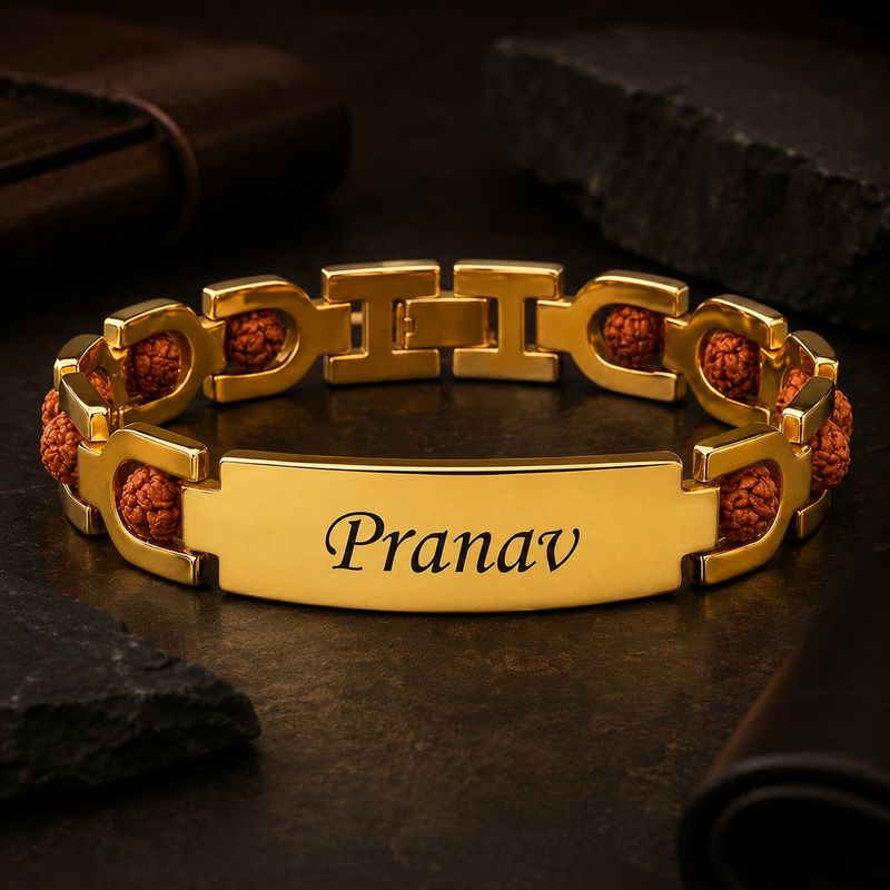 Personalized Gold Plated Rudraksha Name Bracelet | 100% Brass | Certified Rudraksha | 1-Year Gold Plating Guarantee | Rakhi Gift for Brother