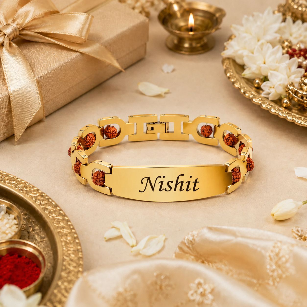 Personalized Gold Plated Rudraksha Name Bracelet | 100% Brass | Certified Rudraksha | 1-Year Gold Plating Guarantee | Rakhi Gift for Brother