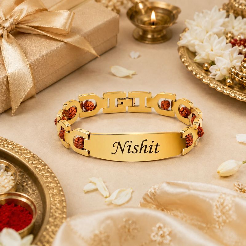 Personalized Gold Plated Rudraksha Name Bracelet | 100% Brass | Certified Rudraksha | 1-Year Gold Plating Guarantee | Rakhi Gift for Brother