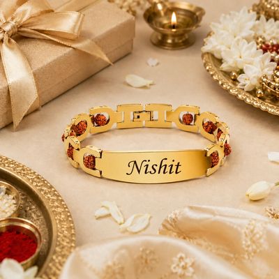 Personalized Gold Plated Rudraksha Name Bracelet | 100% Brass | Certified Rudraksha | 1-Year Gold Plating Guarantee | Rakhi Gift for Brother