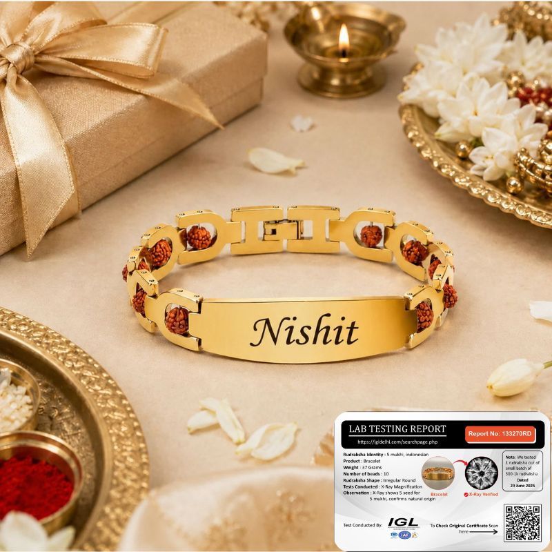 Personalized Gold Plated Rudraksha Name Bracelet | 100% Brass | Certified Rudraksha | 1-Year Gold Plating Guarantee | Rakhi Gift for Brother