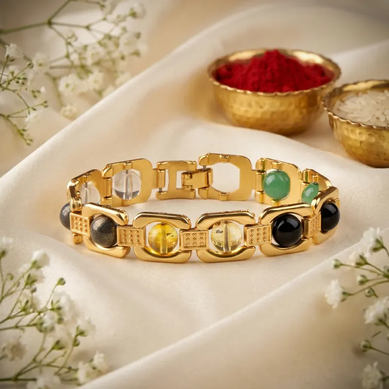 Gold Plated Dhanyog Bracelet | 100% Brass | Certified Stones | 1-Year Gold Plating Guarantee | Rakhi Gift for Brother