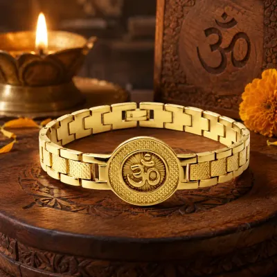 Premium Gold Plated Om (ॐ) Bracelet for Men &amp; Women | Spiritual Hindu Bracelet | Adjustable Religious Lucky Bracelet | Rakhi &amp; Gift for Brother