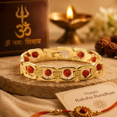 Divine Rudra Gold Plated Spiritual Bracelet Rakhi with Certified Rudraksha | Premium Brass Rakhi Gift for Brother