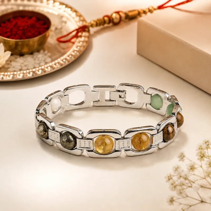Silver Plated Dhanyog Bracelet | 100% Brass | Certified Stones | 1-Year 916 Silver Plating Guarantee | Rakhi Gift for Brother