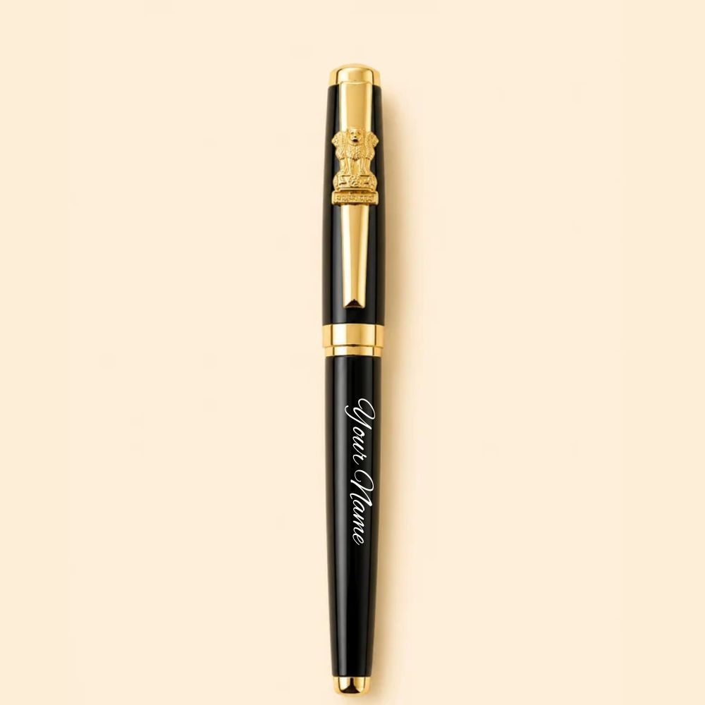 Personalized Ashoka Stambha Brass Pen | Premium Black Glossy Finish | Custom Name Engraved Pen
