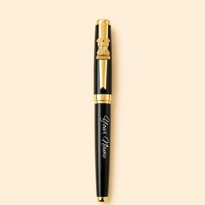 Personalized Ashoka Stambha Brass Pen | Premium Black Glossy Finish | Custom Name Engraved Pen