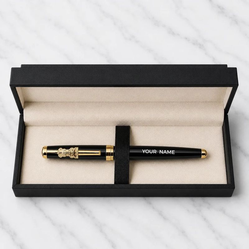 Personalized Ashoka Stambha Brass Pen | Premium Black Glossy Finish | Custom Name Engraved Pen