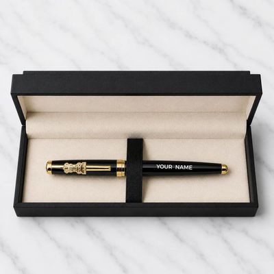 Personalized Ashoka Stambha Brass Pen | Premium Black Glossy Finish | Custom Name Engraved Pen