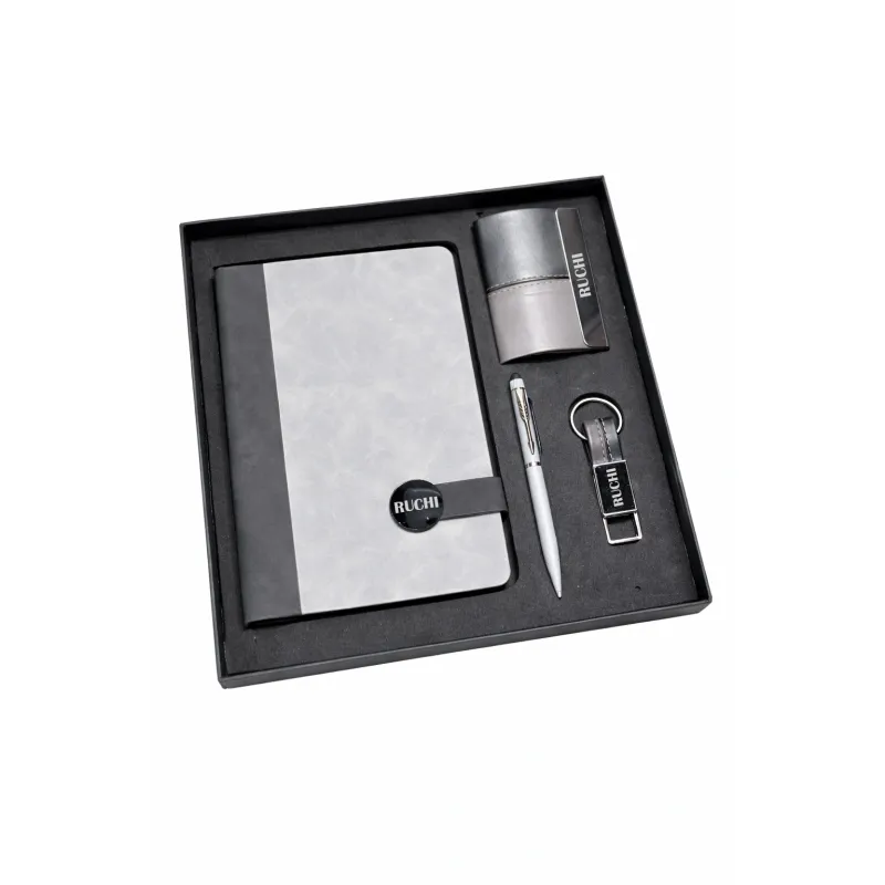 Personalized 4pc Combo - Diary, Pen, Keychain, Cardholder ( Executive Slate Journal - Urban Mist Colour)