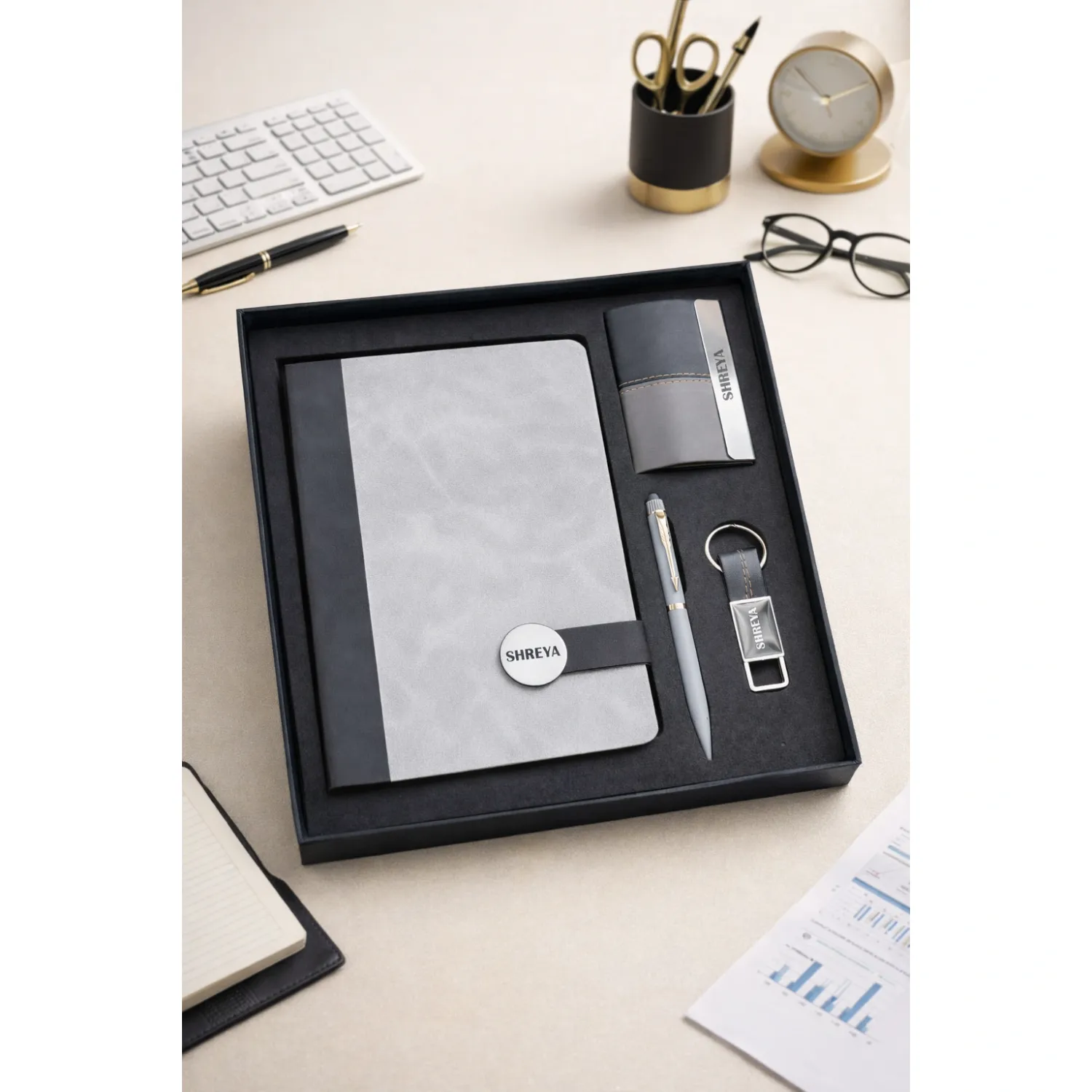 Personalized 4pc Combo - Diary, Pen, Keychain, Cardholder ( Executive Slate Journal - Urban Mist Colour)
