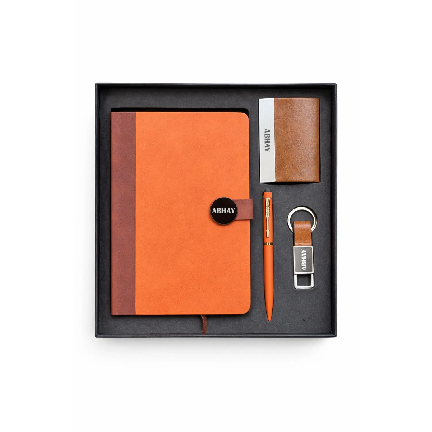 Personalized 4pc Combo - Diary, Pen, Keychain, Cardholder ( Executive Slate Journal - Classic Ember Colour)