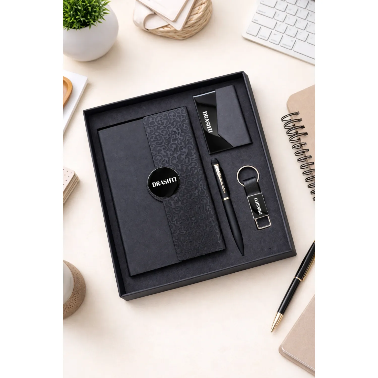 Personalized 4pc Combo - Diary, Pen, Keychain, Cardholder ( Boardroom Classic - Midnight Signature Colour)