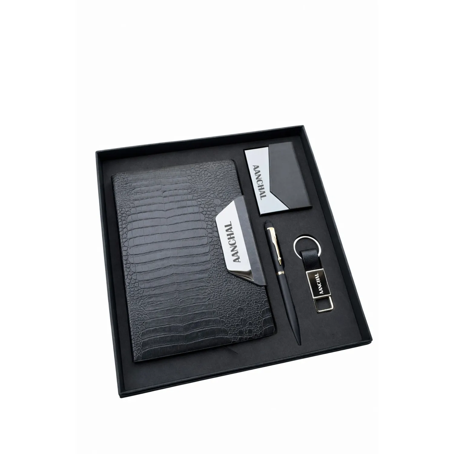 Personalized 4pc Combo - Diary, Pen, Keychain, Cardholder ( Alpha Croc - Black Imperial Colour)