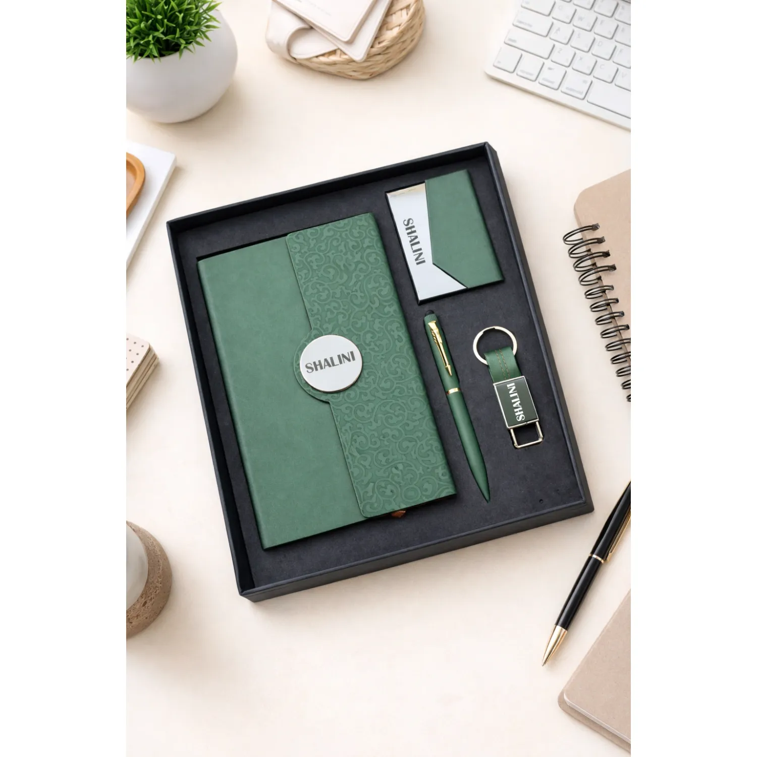 Personalized 4pc Combo - Diary, Pen, Keychain, Cardholder ( Boardroom Classic - Regal Olive Colour)
