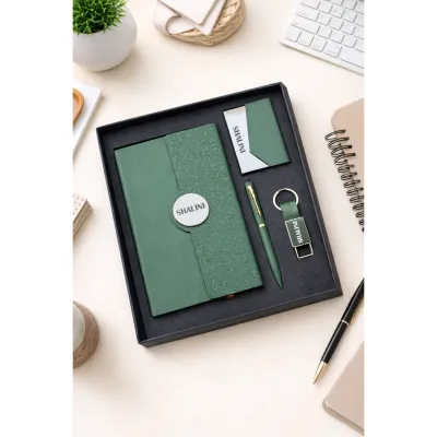 Personalized 4pc Combo - Diary, Pen, Keychain, Cardholder ( Boardroom Classic - Regal Olive Colour)