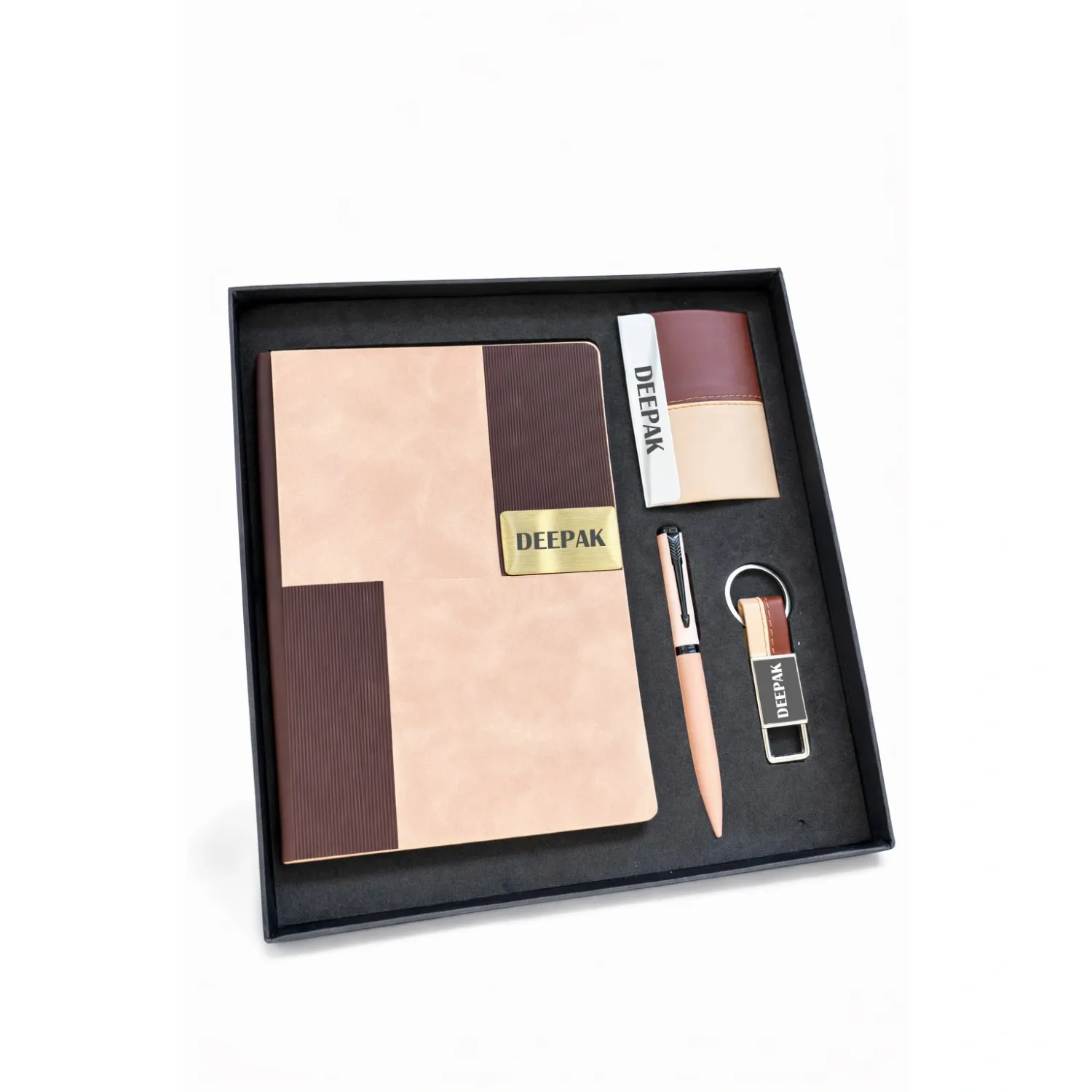 Personalized 4pc Combo - Diary, Pen, Keychain, Cardholder ( Vertex Pro - Royal Mocha Gold Colour)