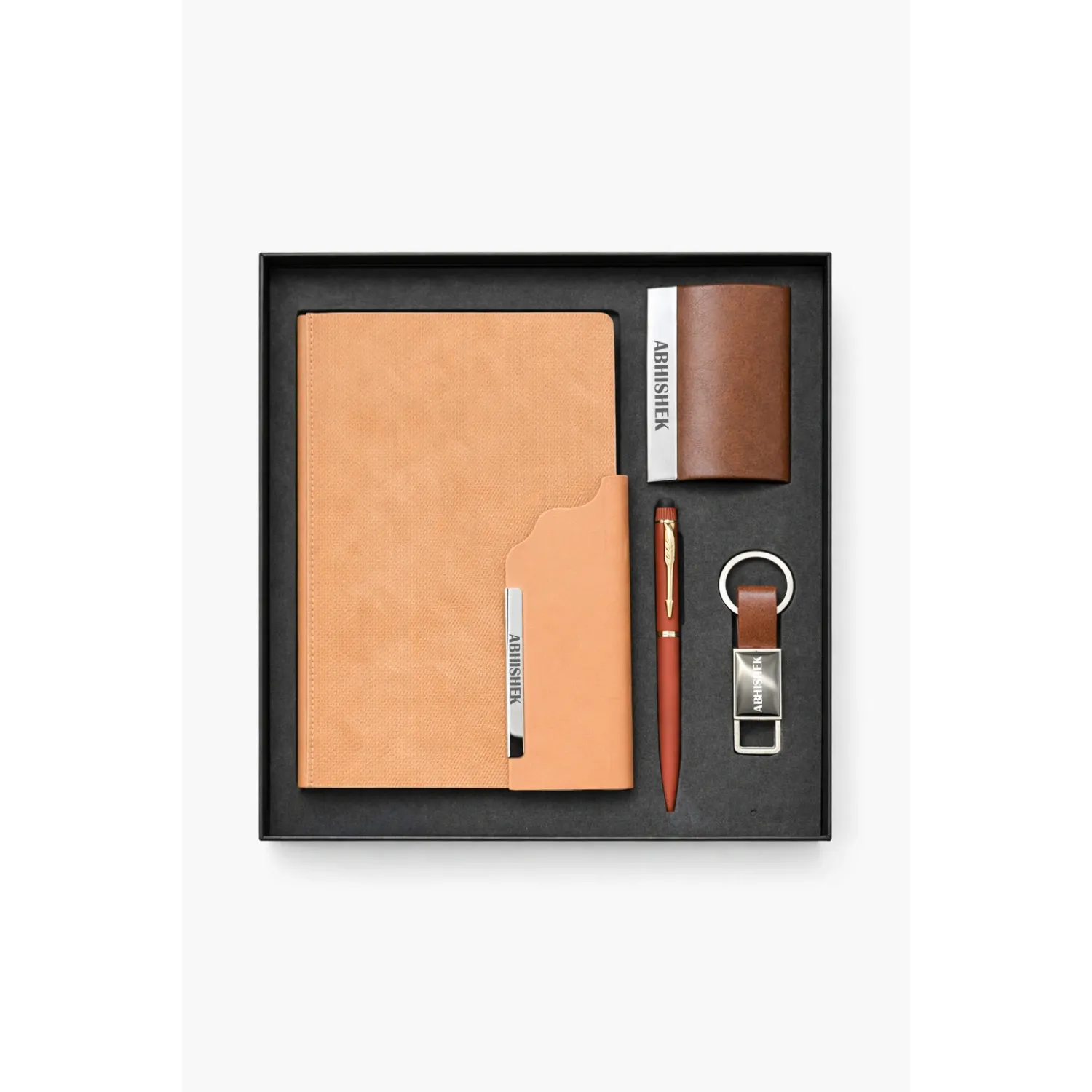Personalized 4pc Combo - Diary, Pen, Keychain, Cardholder ( Strivo Diary - Tan Colour)