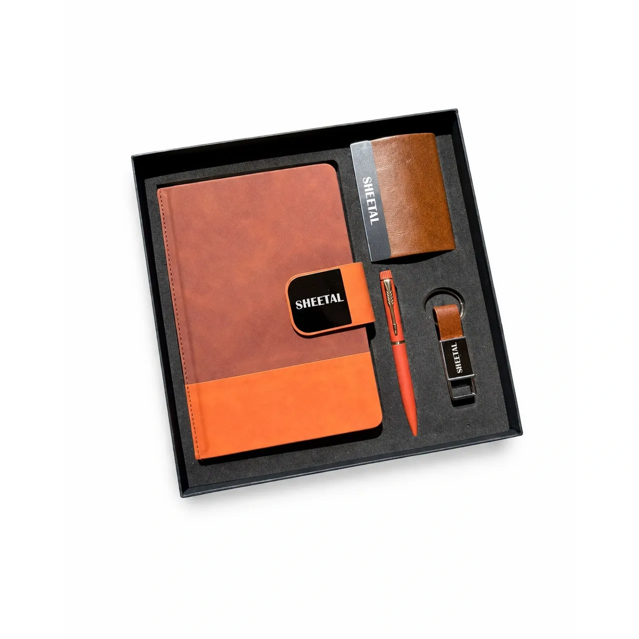Personalized 4pc Combo - Diary, Pen, Keychain, Cardholder (Duo tone Pro Diary - Saddle Tan Colour)