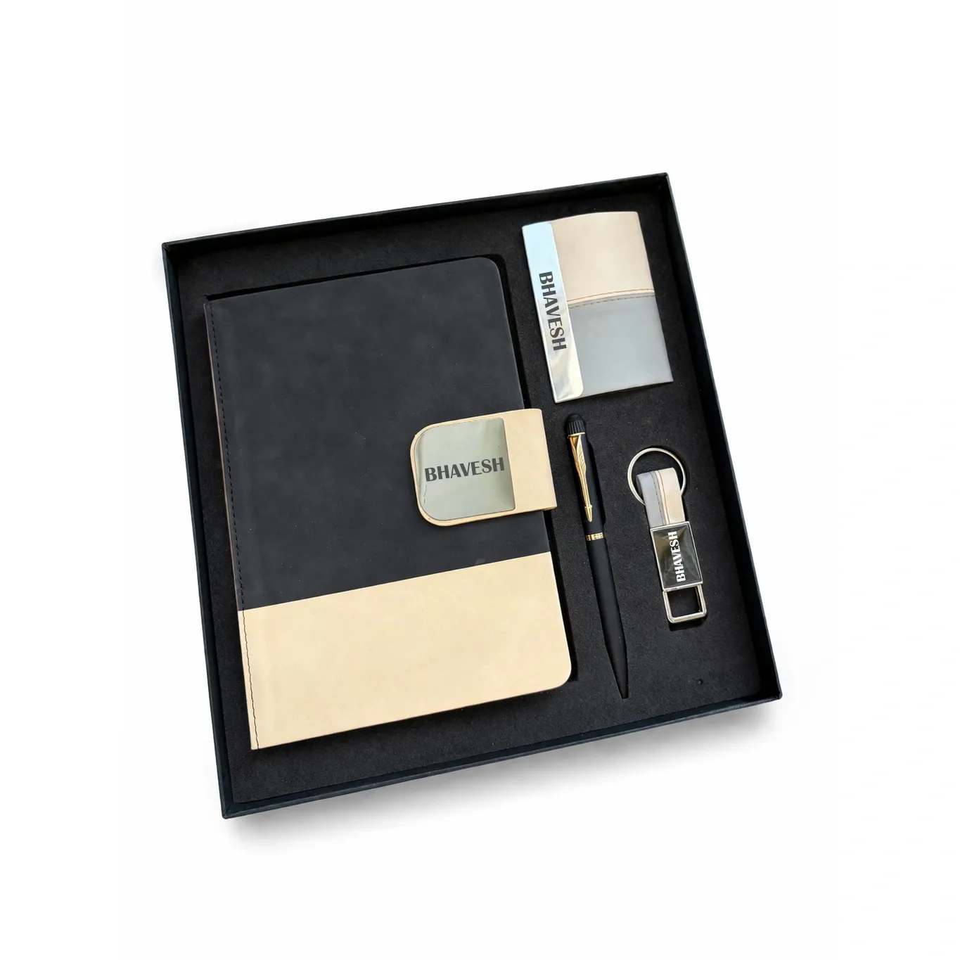 Personalized 4pc Combo - Diary, Pen, Keychain, Cardholder (Duo tone Pro Diary -Charcoal Grey Colour)