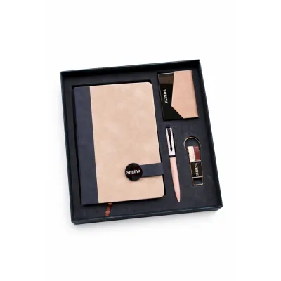 Personalized 4pc Combo - Diary, Pen, Keychain, Cardholder ( Executive Slate Journal - Signature Sand Colour)