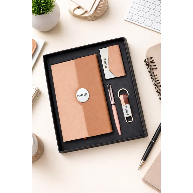 Personalized 4pc Combo - Diary, Pen, Keychain, Cardholder ( Boardroom Classic - Classic Toffee Colour)