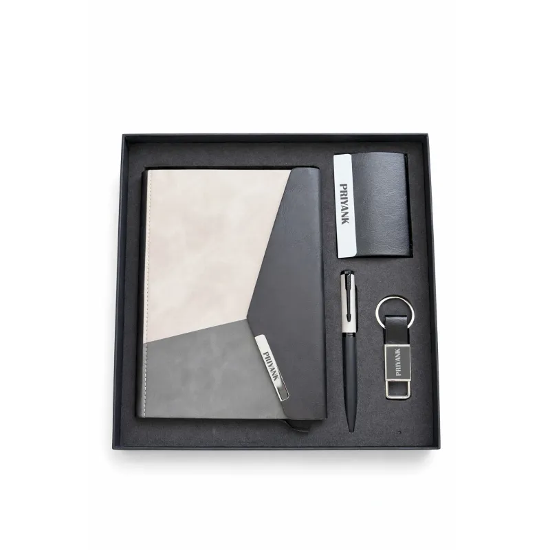 Personalized 4pc Combo - Diary, Pen, Keychain, Cardholder ( Urban Edge Pro - Stone Grey &amp; Onyx Edition Colour)