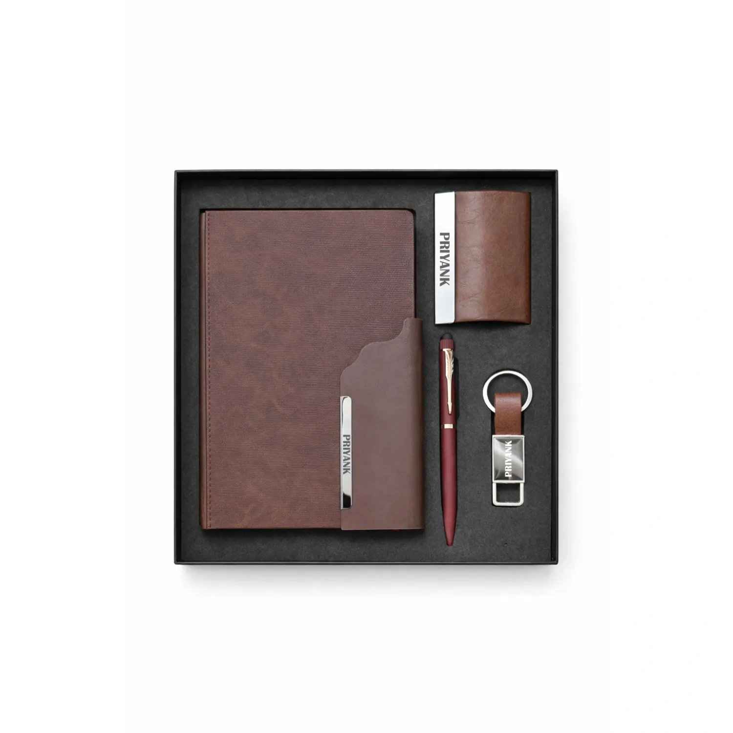Personalized 4pc Combo - Diary, Pen, Keychain, Cardholder ( Strivo Diary - Brown Colour)