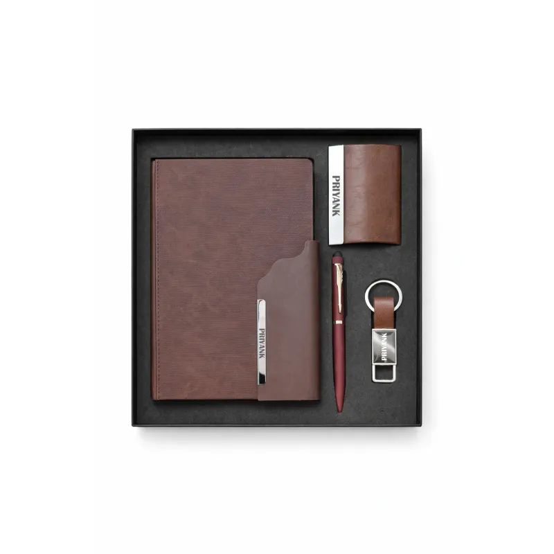 Personalized 4pc Combo - Diary, Pen, Keychain, Cardholder ( Strivo Diary - Brown Colour)